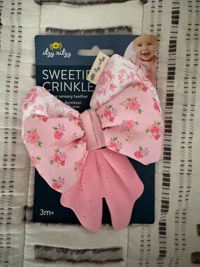 Itzy Ritzy Pink Floral Bow Teether with Silicone Petal sweetie crinkle